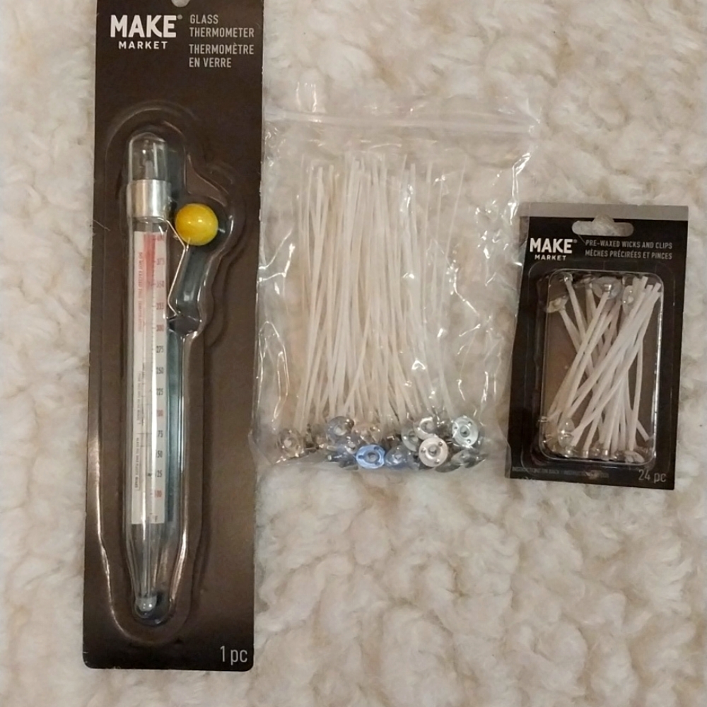 CANDLE MAKING THERMOMETER AND 2 PACKS OF WICKS